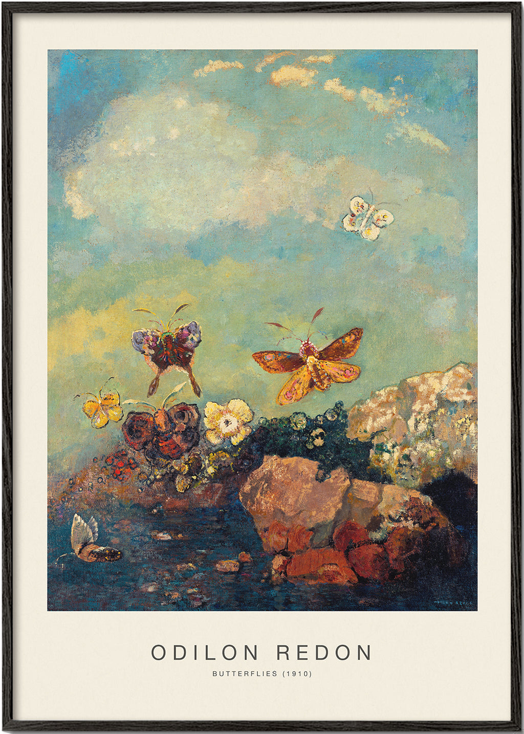 Botanisk poster med fjärilar i drömsk himmel