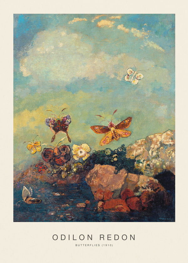 Botanisk poster med fjärilar i drömsk himmel