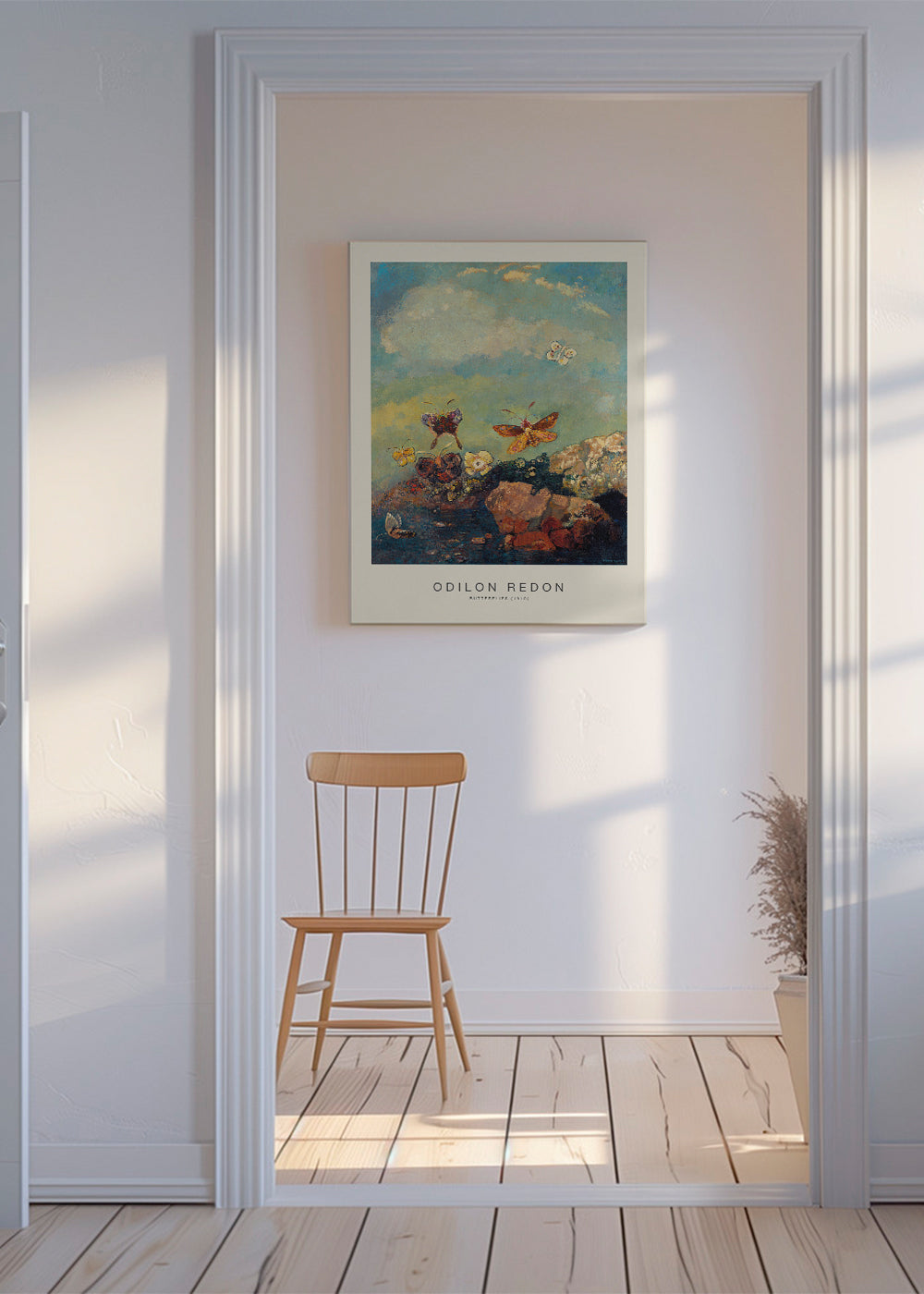 Botanisk poster med fjärilar i drömsk himmel