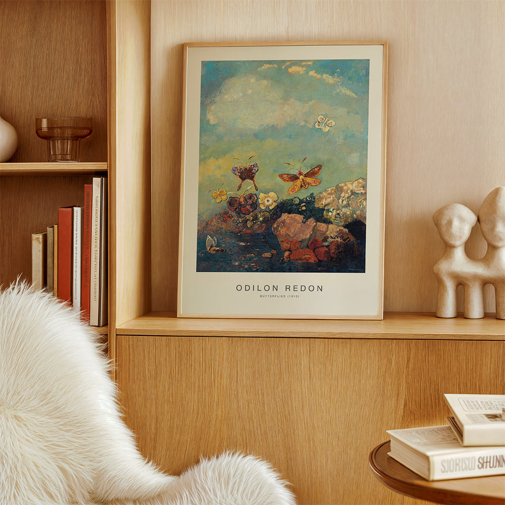 Botanisk poster med fjärilar i drömsk himmel