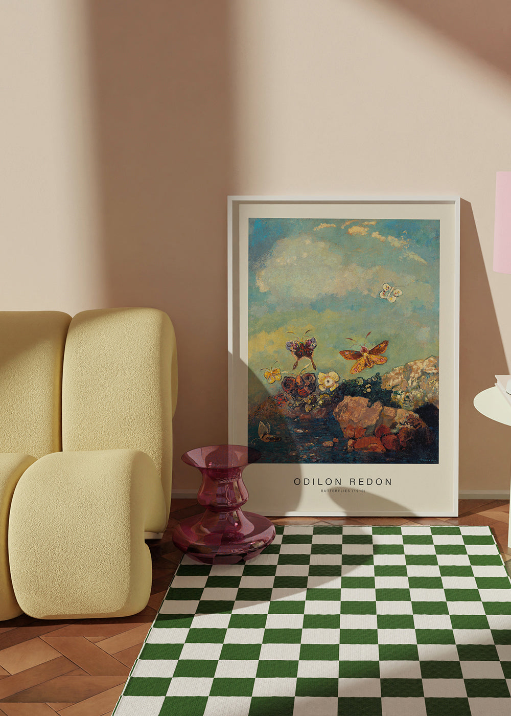 Botanisk poster med fjärilar i drömsk himmel
