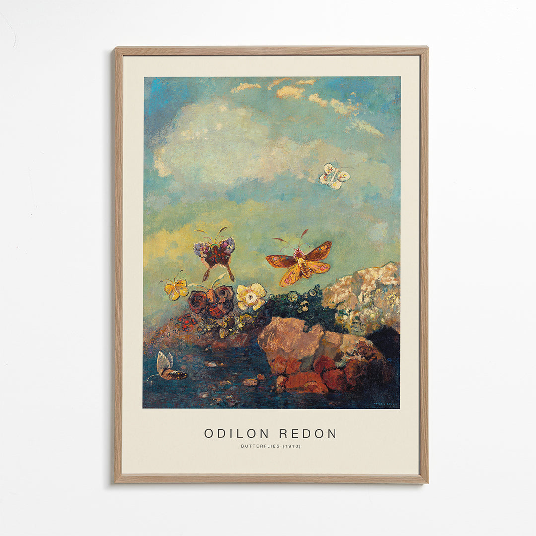 Botanisk poster med fjärilar i drömsk himmel