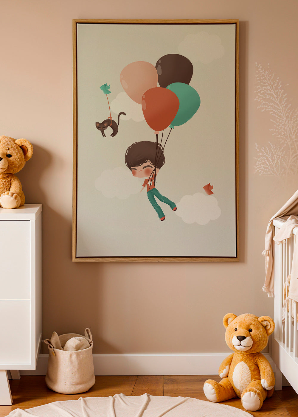 Barnposter pojke svävar med ballonger