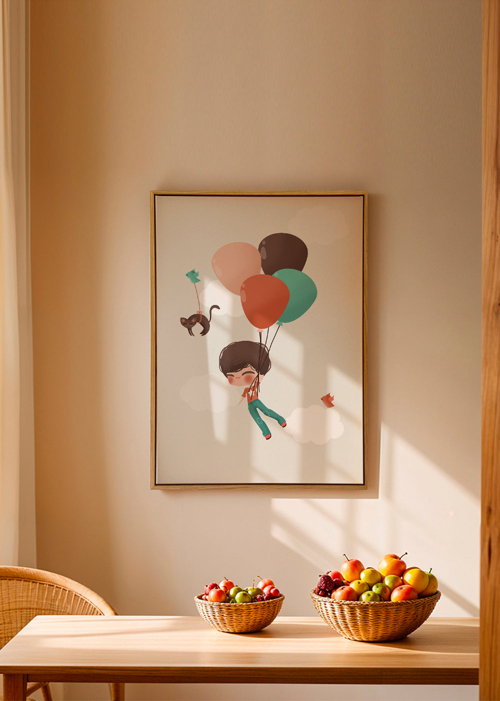Barnposter pojke svävar med ballonger