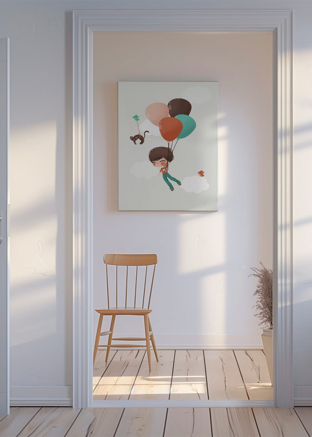 Barnposter pojke svävar med ballonger