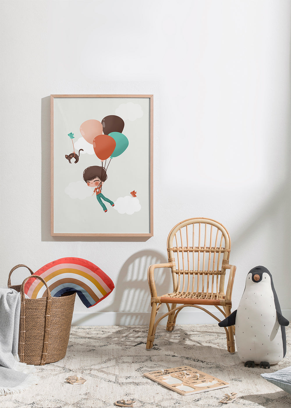 Barnposter pojke svävar med ballonger