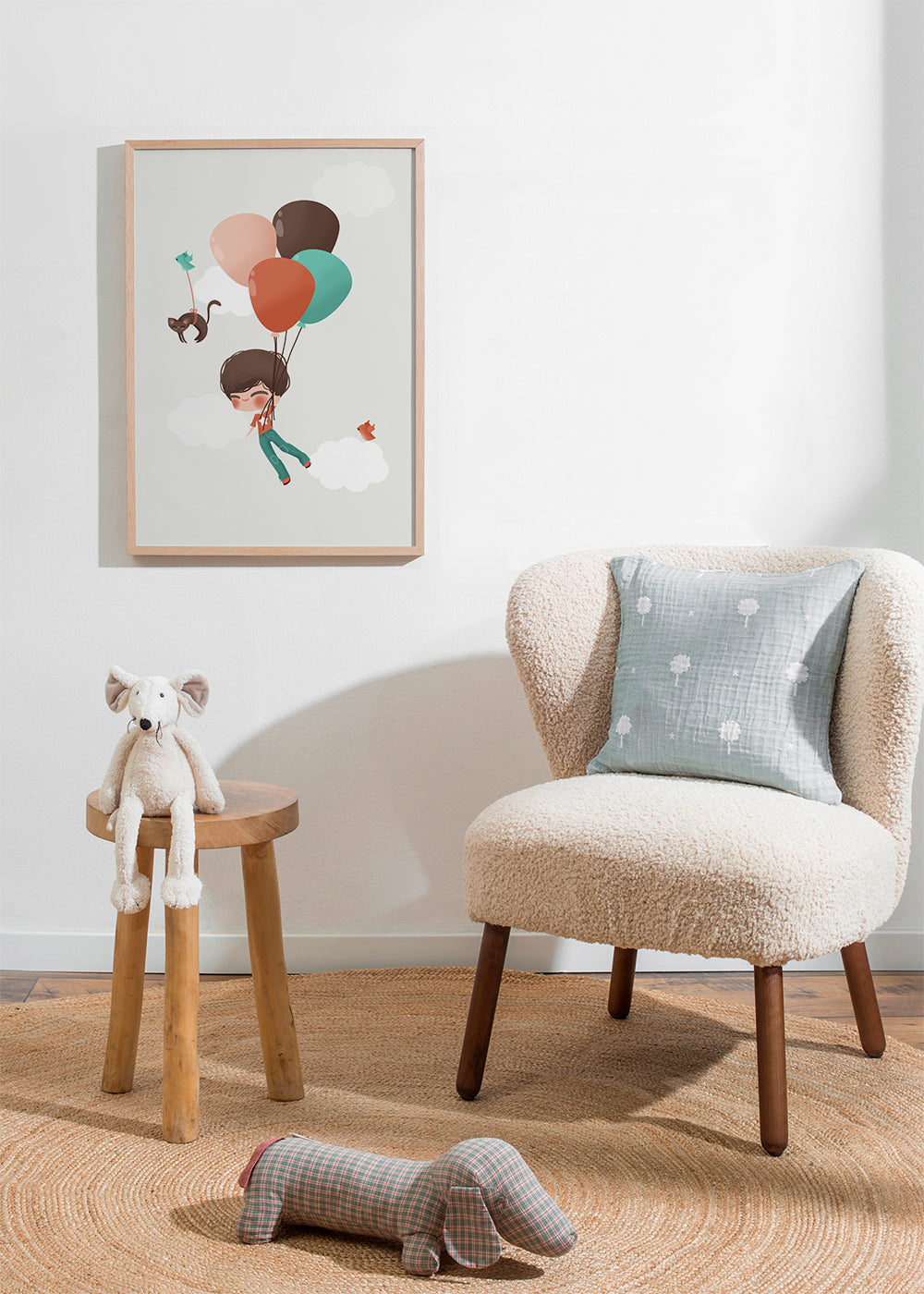 Barnposter pojke svävar med ballonger