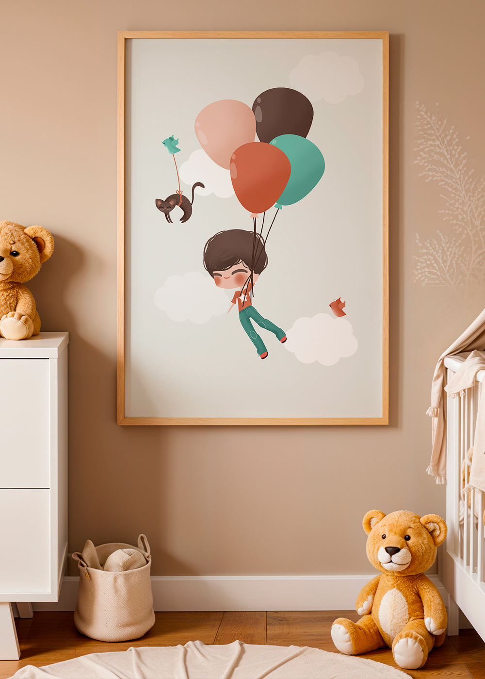 Barnposter pojke svävar med ballonger