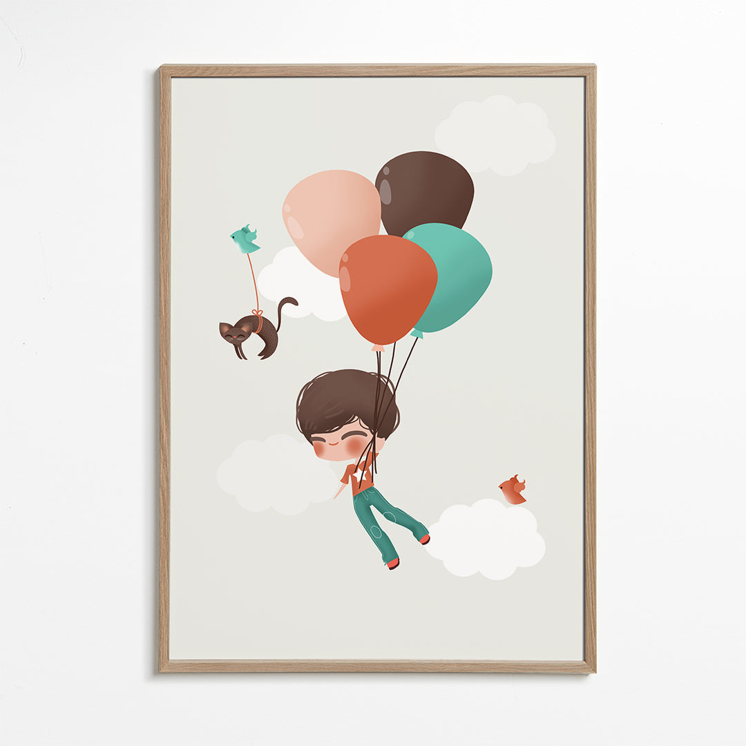 Barnposter pojke svävar med ballonger