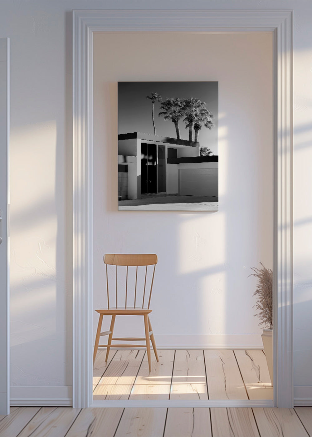 Fotografi av modern Palm Springs-hus i svartvitt