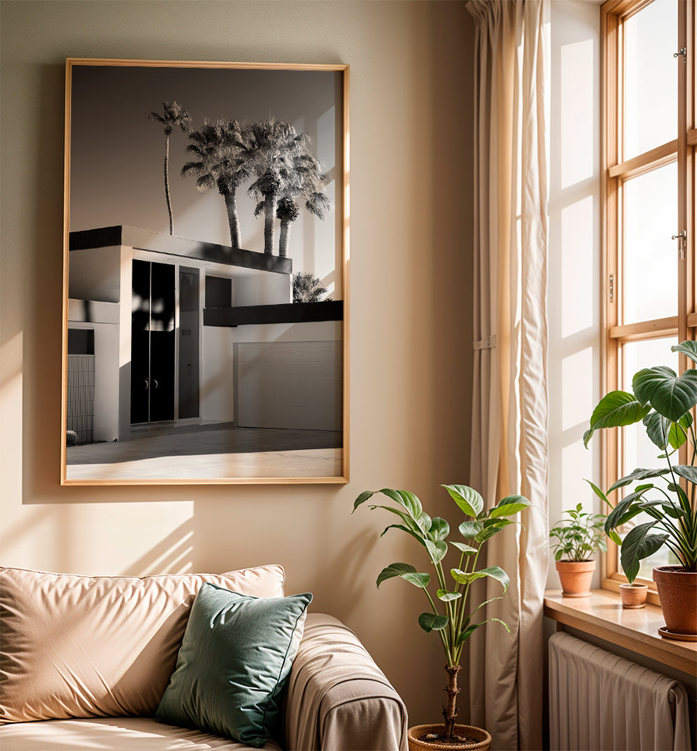 Fotografi av modern Palm Springs-hus i svartvitt