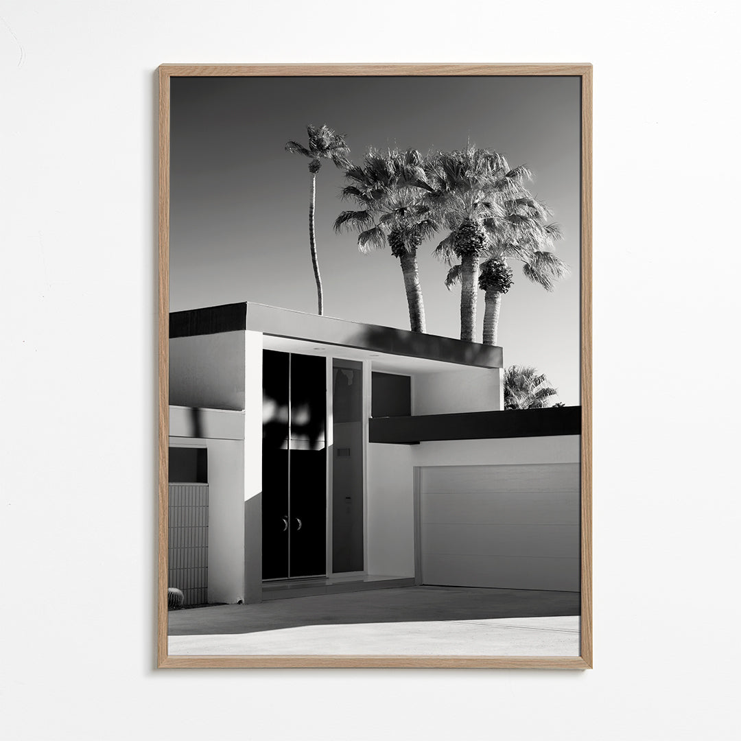 Fotografi av modern Palm Springs-hus i svartvitt