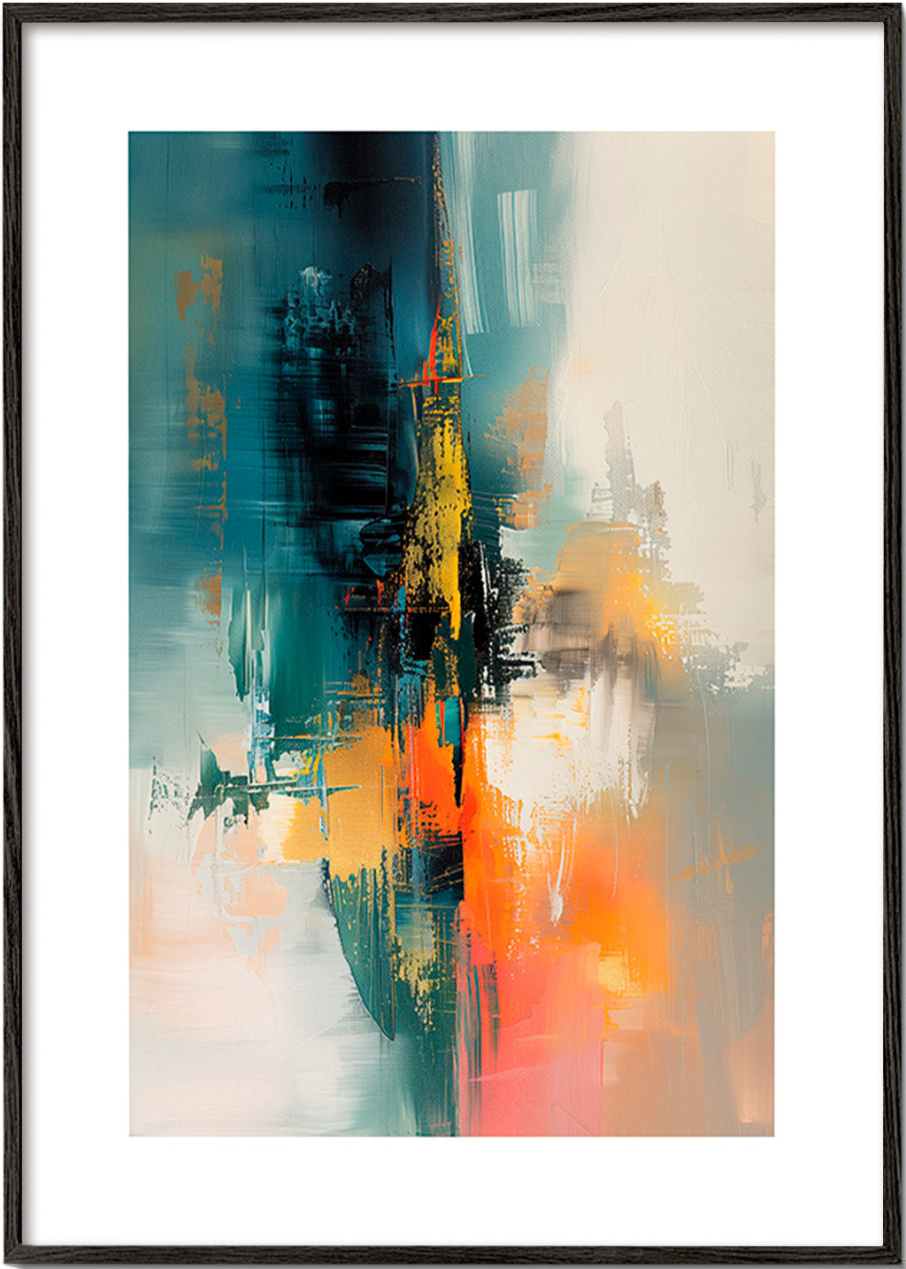 Abstrakt konstverk vertikalt med blå och orange penseldrag – Black Frame