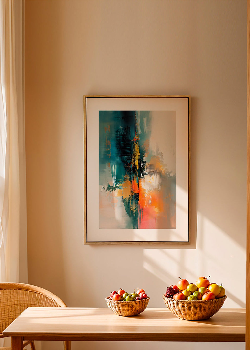Abstrakt konstverk vertikalt med blå och orange penseldrag – Canvas2