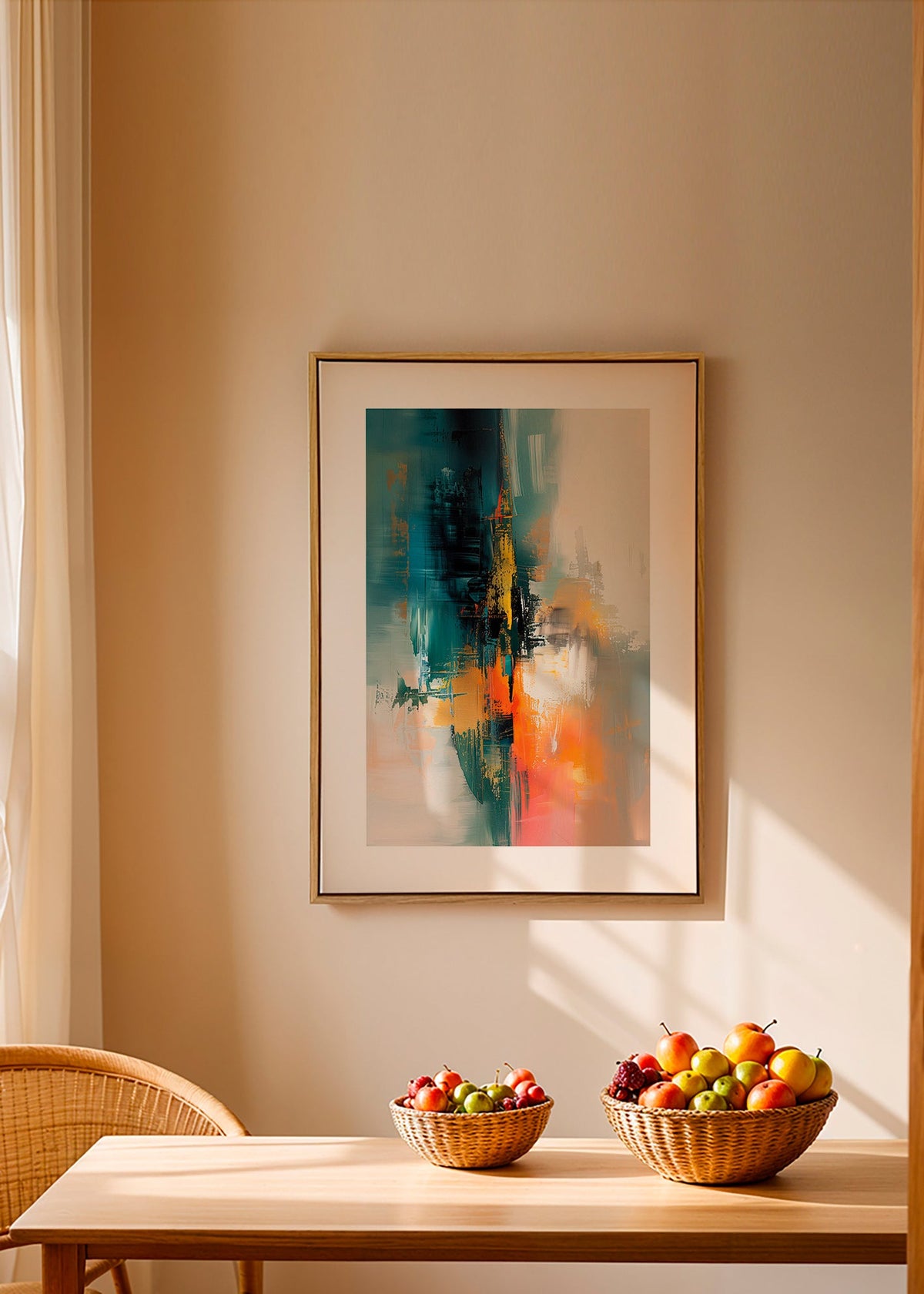 Abstrakt konstverk vertikalt med blå och orange penseldrag – Canvas2