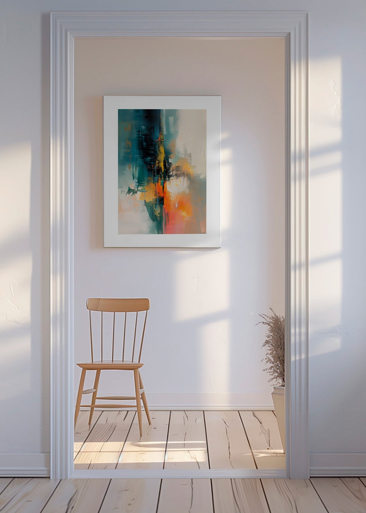 Abstrakt konstverk vertikalt med blå och orange penseldrag – Canvas
