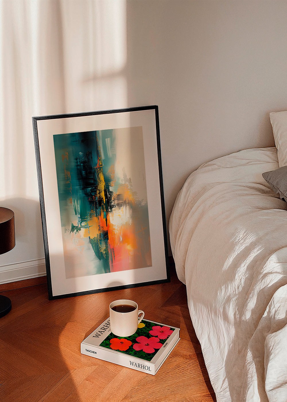 Abstrakt konstverk vertikalt med blå och orange penseldrag – Product1