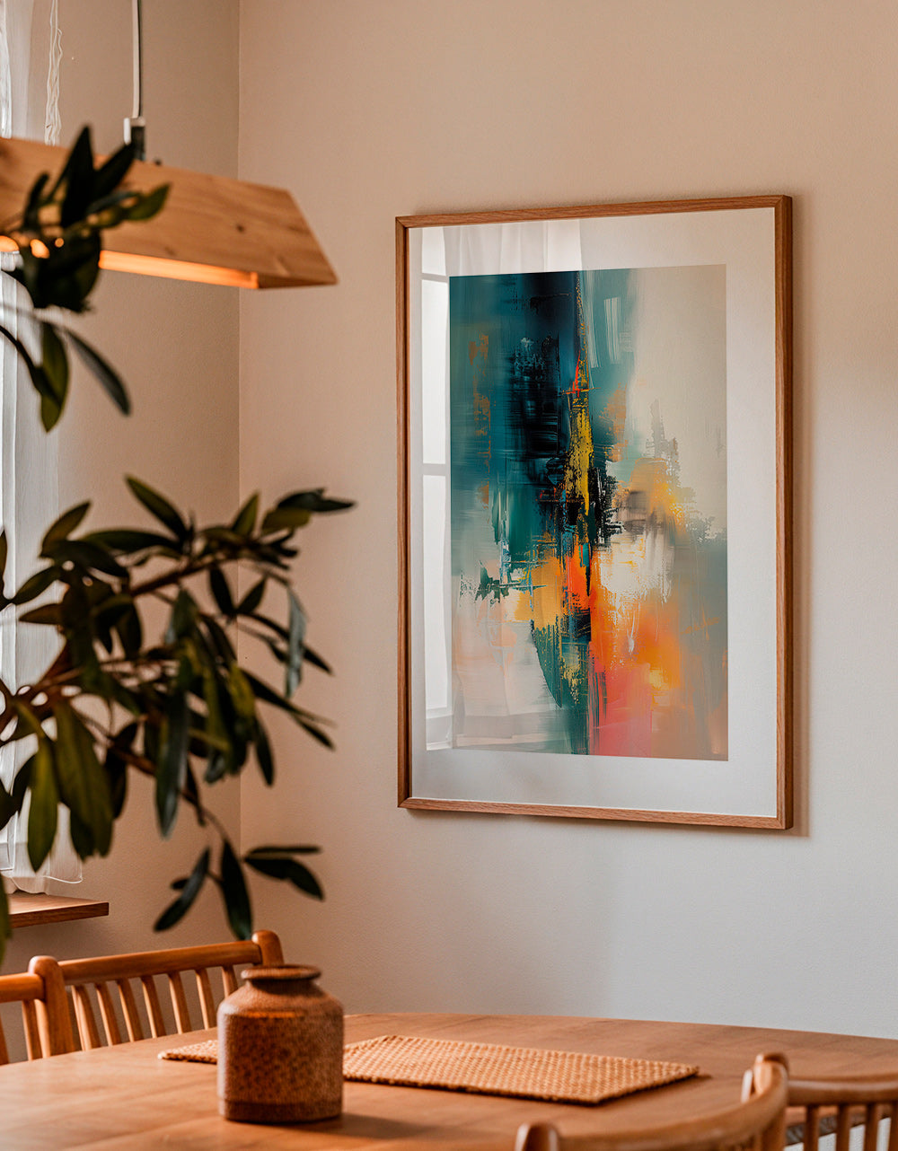 Abstrakt konstverk vertikalt med blå och orange penseldrag – Product2