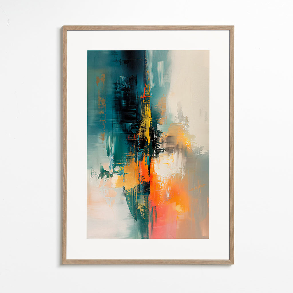 Abstrakt konstverk vertikalt med blå och orange penseldrag – Oak Frame