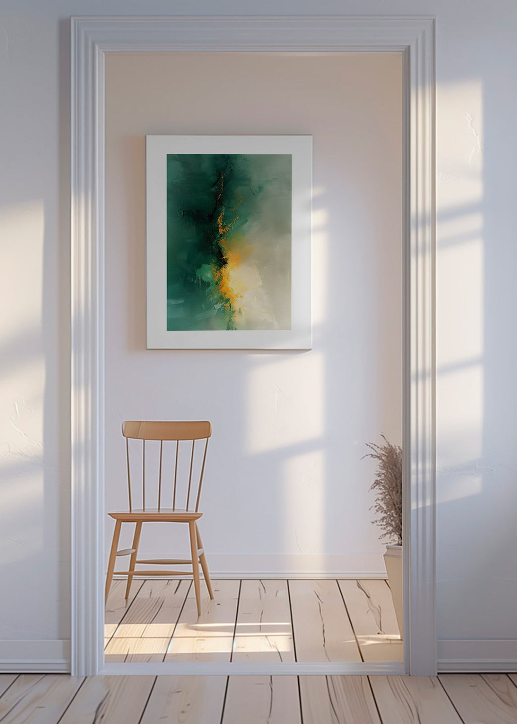 Abstrakt verk i grönt och guld - Skymning – Canvas