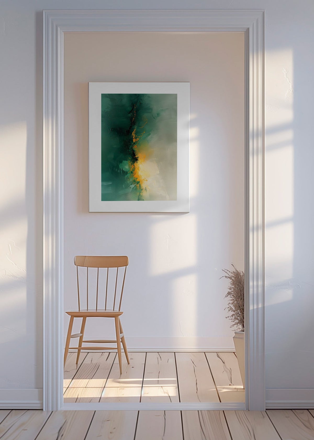 Abstrakt verk i grönt och guld - Skymning – Canvas