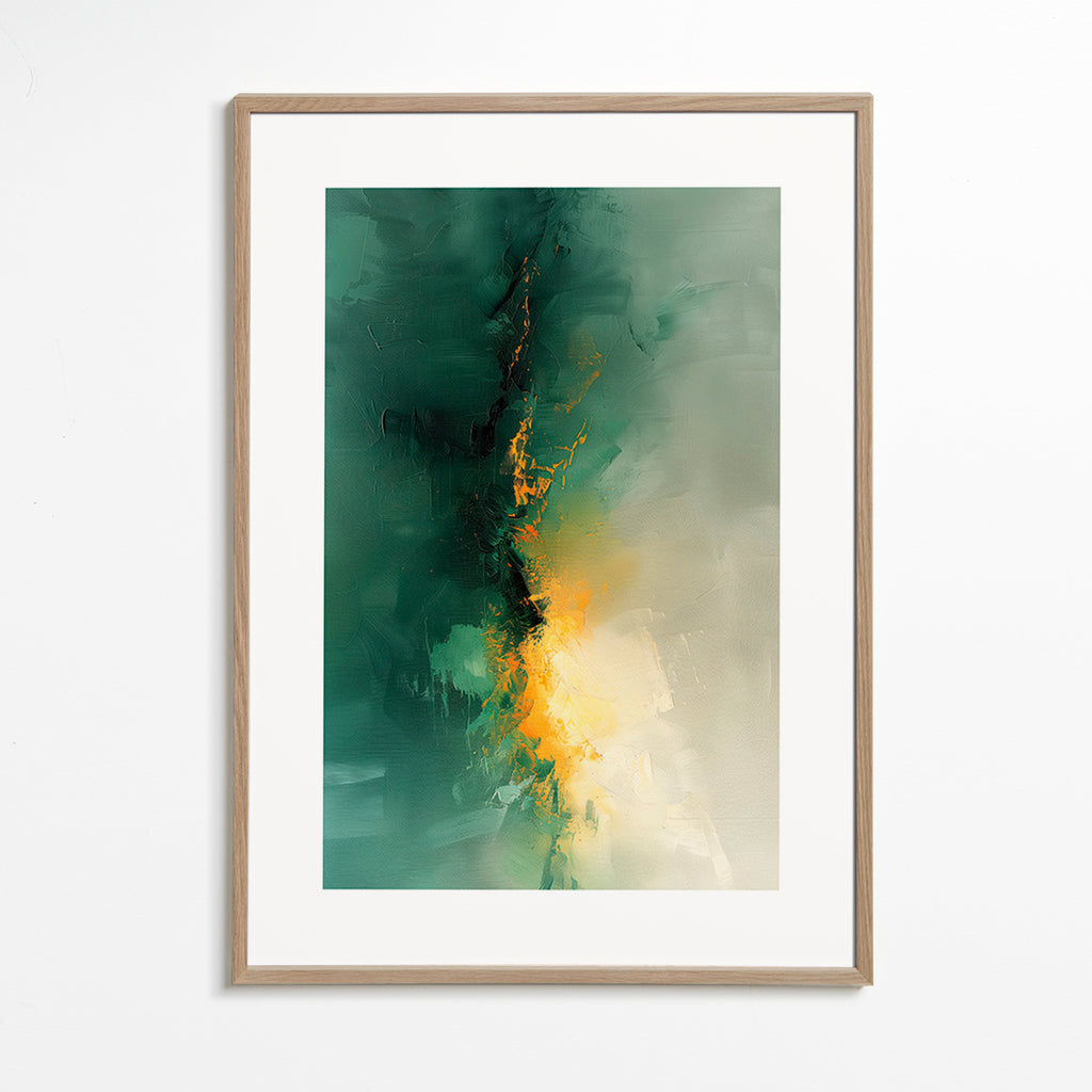 Abstrakt verk i grönt och guld - Skymning – Oak Frame