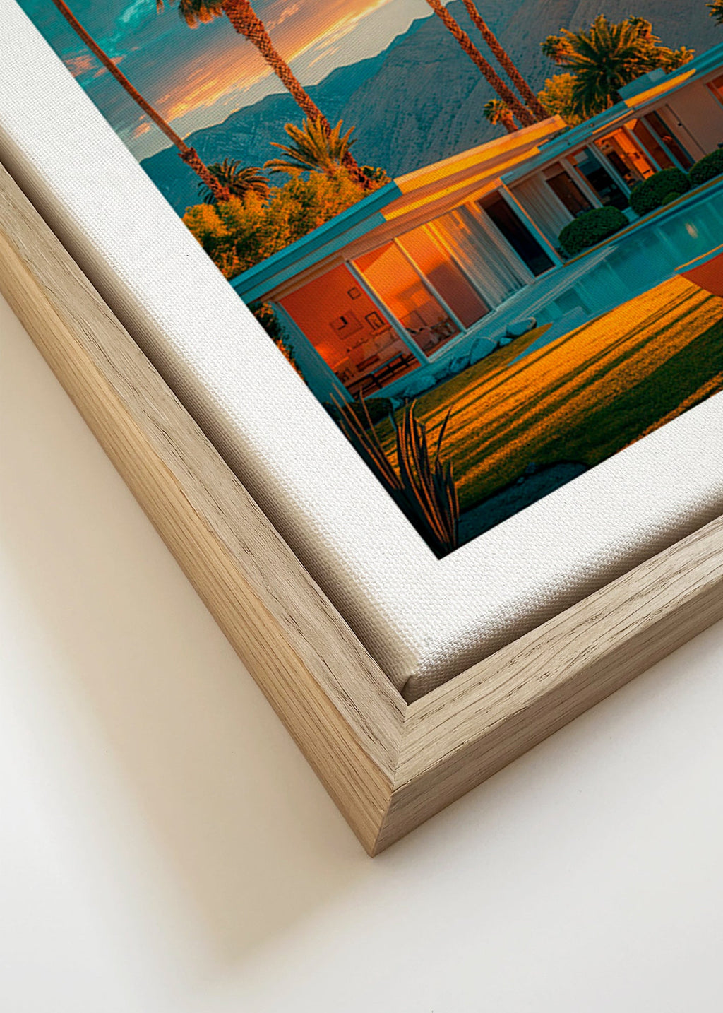 Landskapskonst: palmer i solnedgång vid pool – Canvas detail