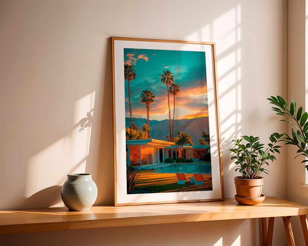 Landskapskonst: palmer i solnedgång vid pool – Product3