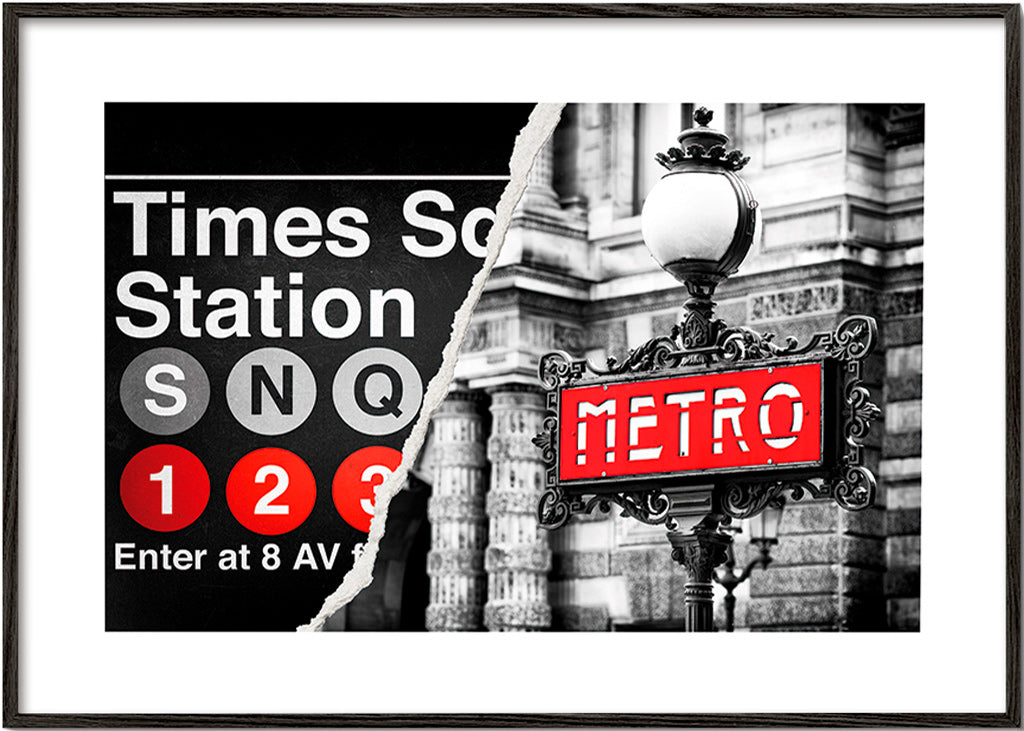 Reseaffisch med röd Metro-skylt – Black Frame