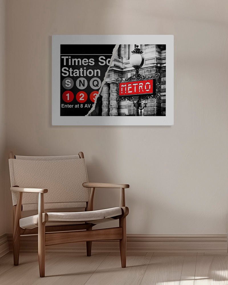 Reseaffisch med röd Metro-skylt – Canvas