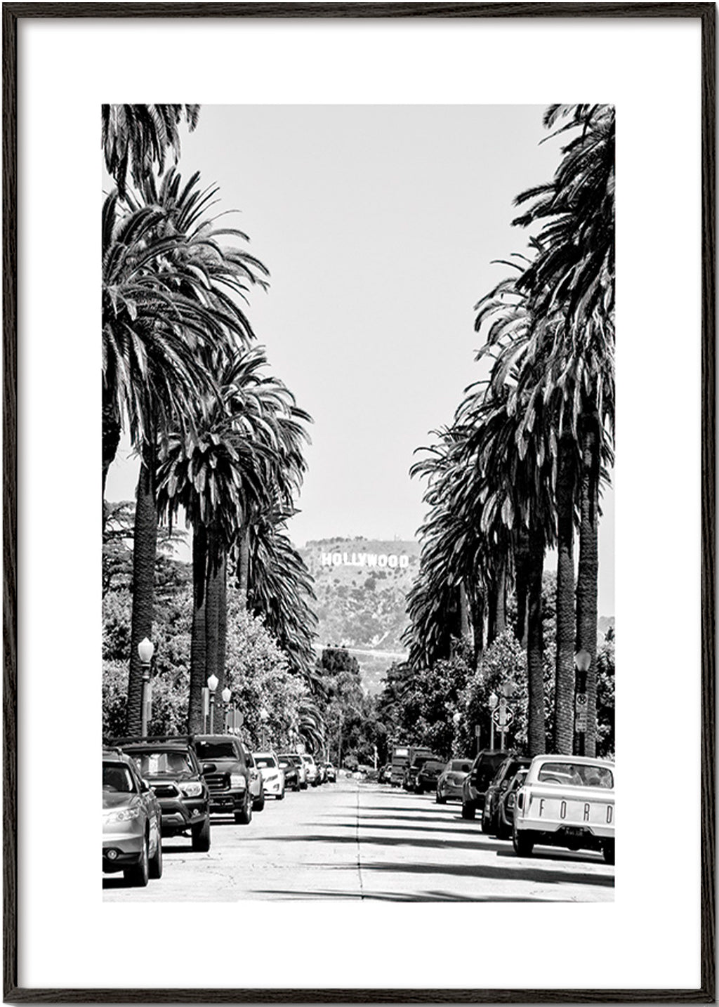 Reseaffisch Hollywood palmgata i svartvitt – Black Frame