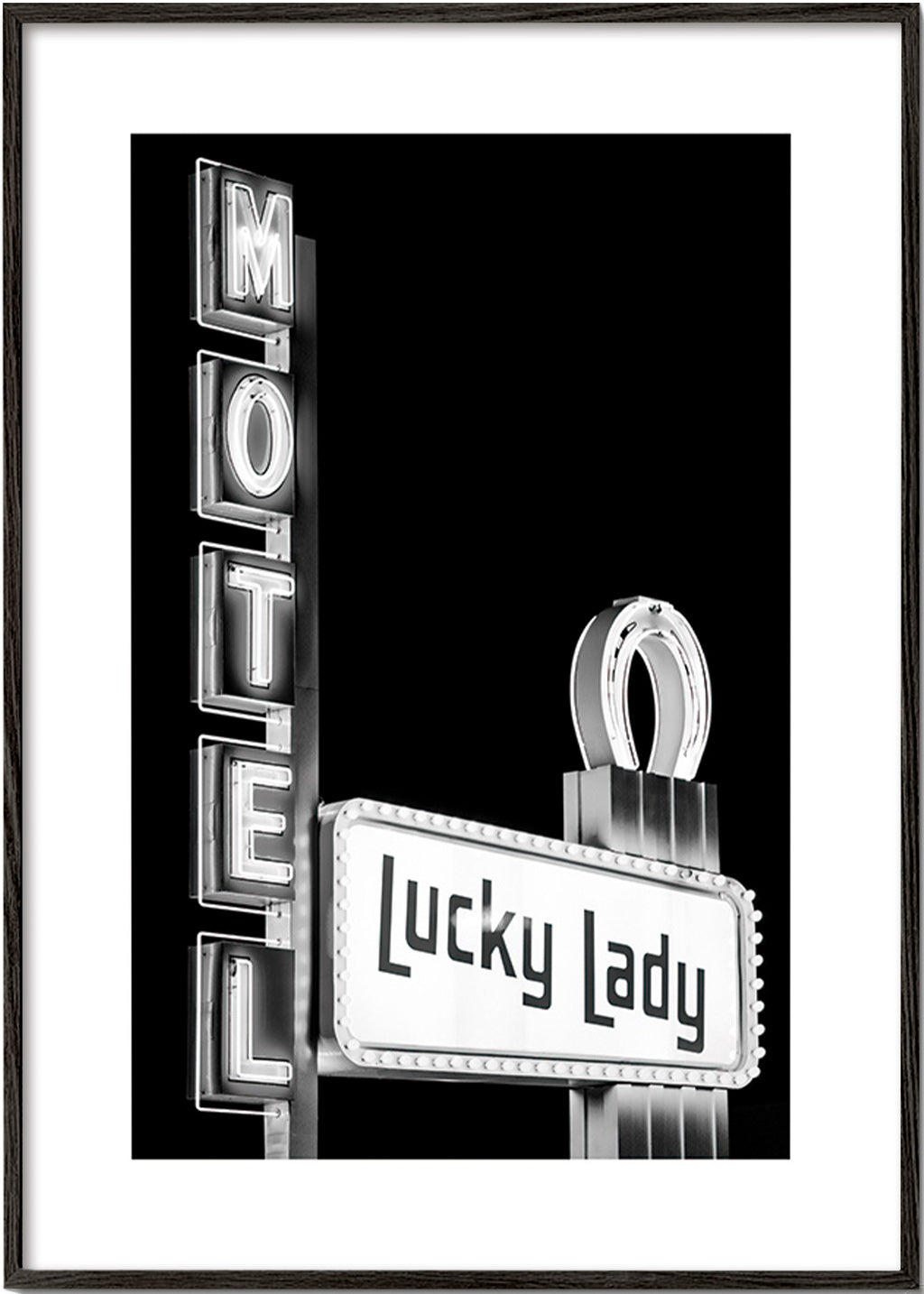 Fotografi Lucky Lady motell neonskylt – Black Frame