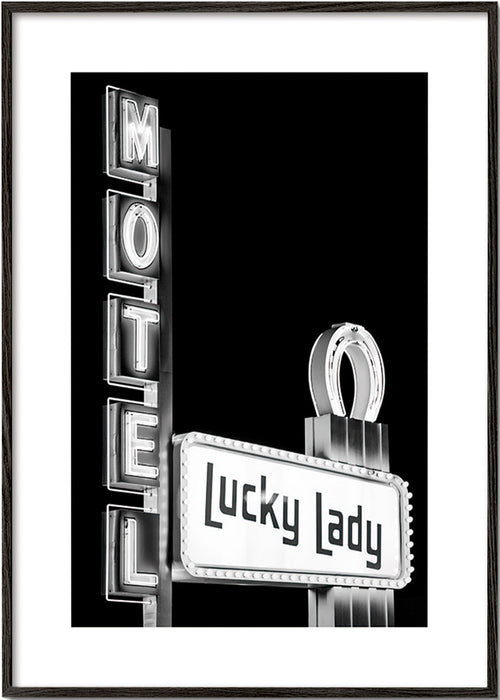 Fotografi Lucky Lady motell neonskylt – Black Frame