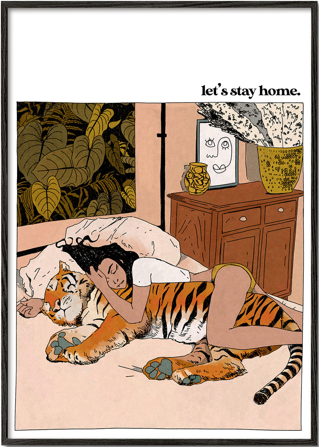 Illustration: kvinna som kramar en tiger hemma
