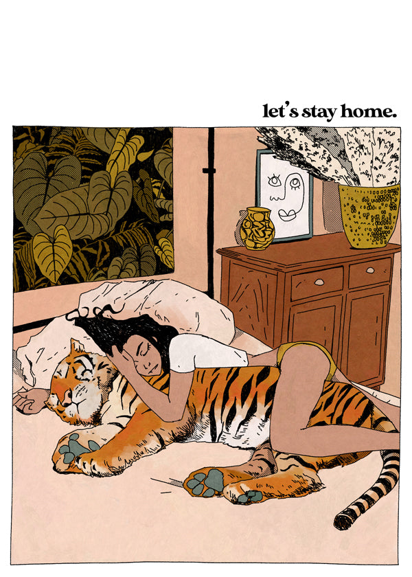 Illustration: kvinna som kramar en tiger hemma