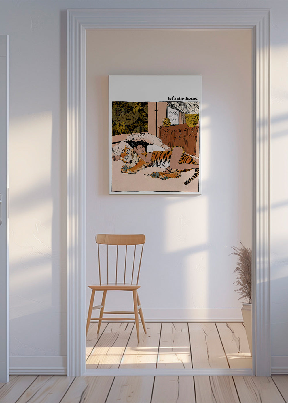 Illustration: kvinna som kramar en tiger hemma