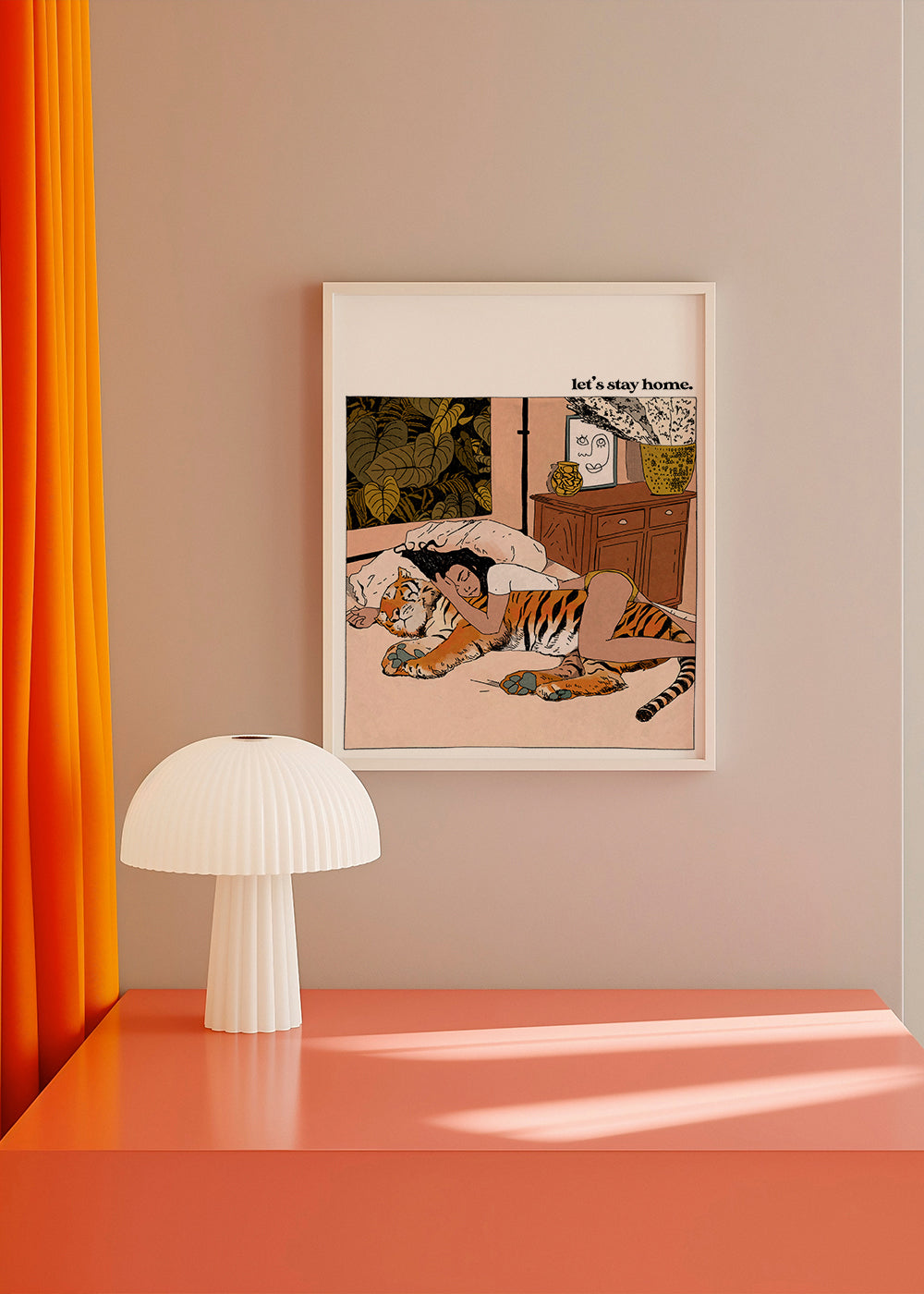 Illustration: kvinna som kramar en tiger hemma