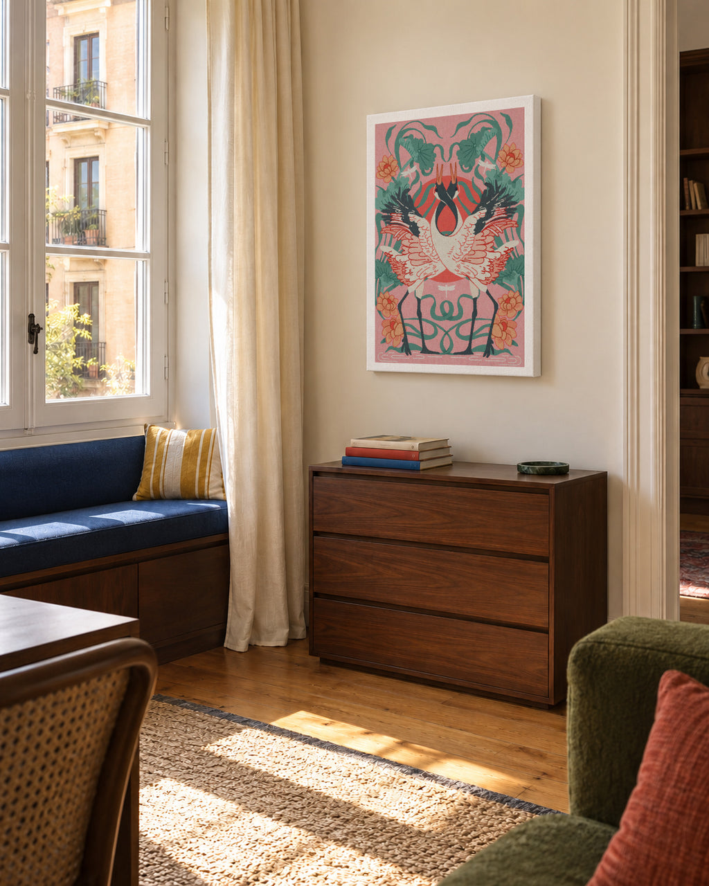 Dancing Cranes - Unframed canvas in an interior