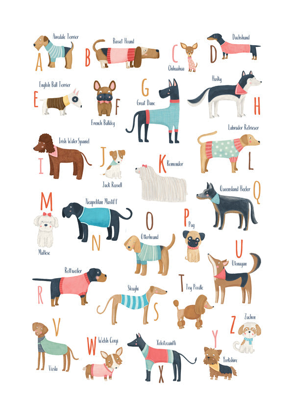 Illustration alfabet med hundar