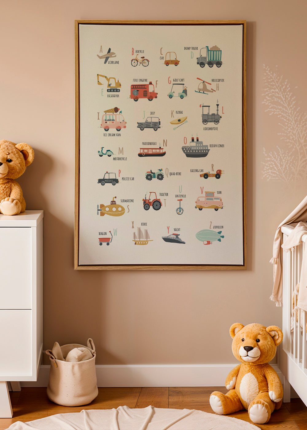 Barnposter med alfabet och fordon