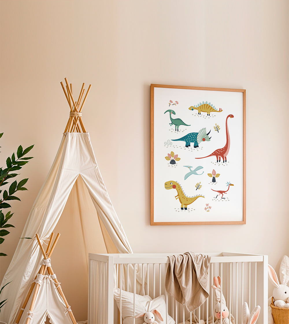 Barnposter med lekfulla dinosaurier
