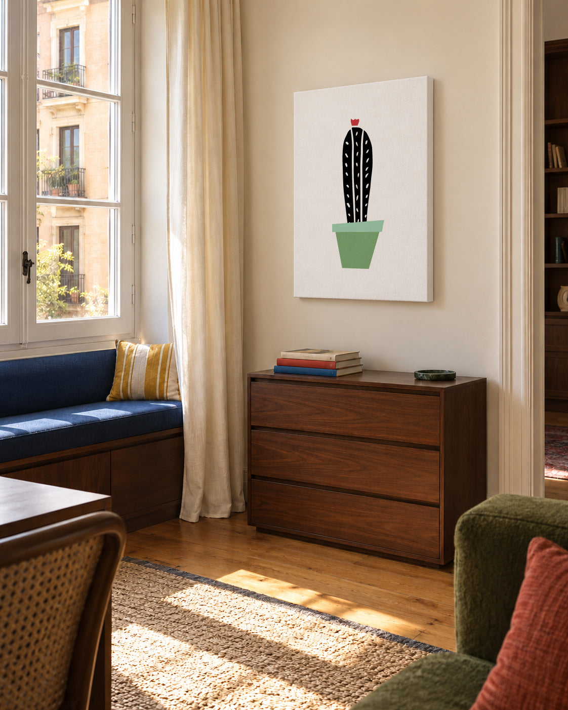 Green pot cactus print - Unframed canvas in an interior