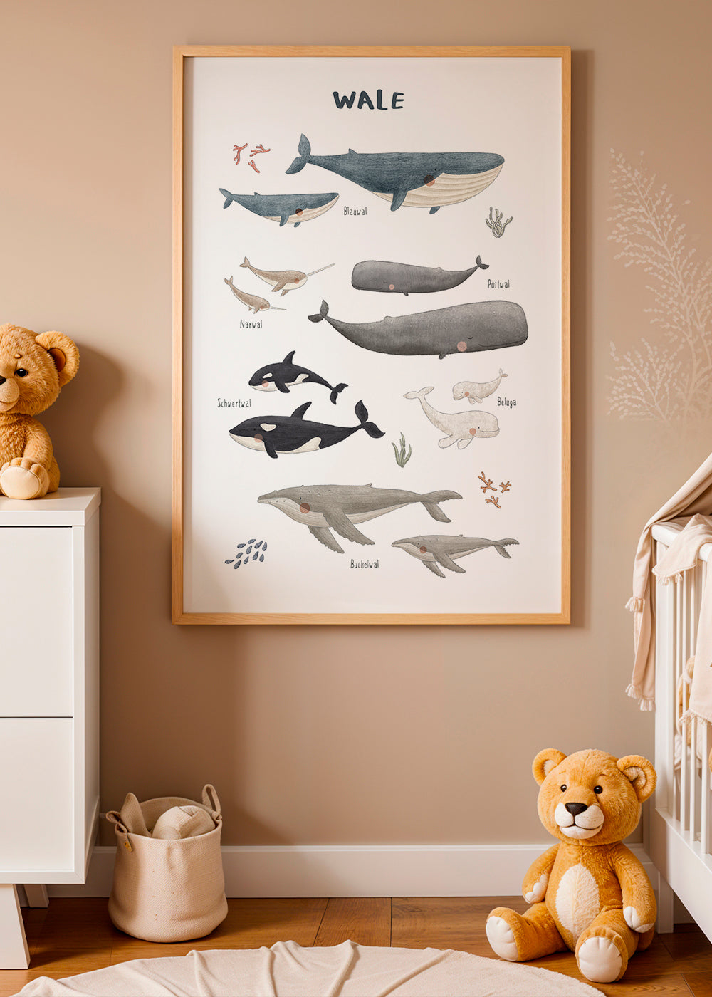 Barnposter med valar i akvarell