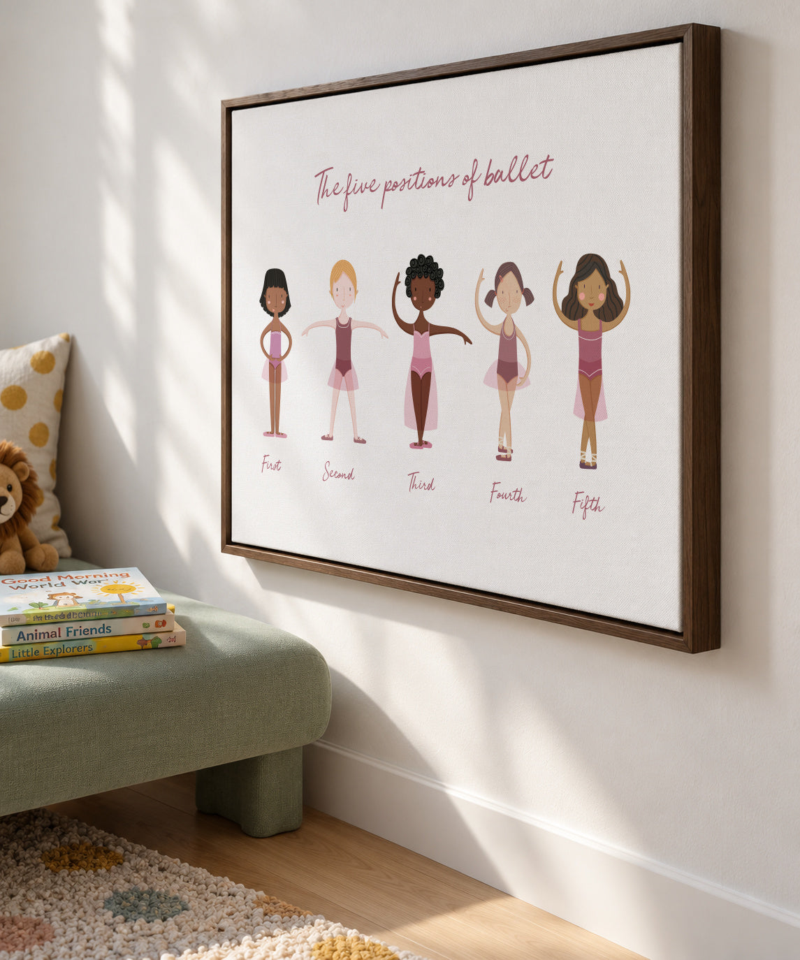 Las 5 posiciones de ballet (lila) - Framed canvas in an interior