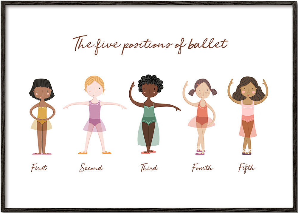 Barnposter: fem balettpositioner lekfull illustration