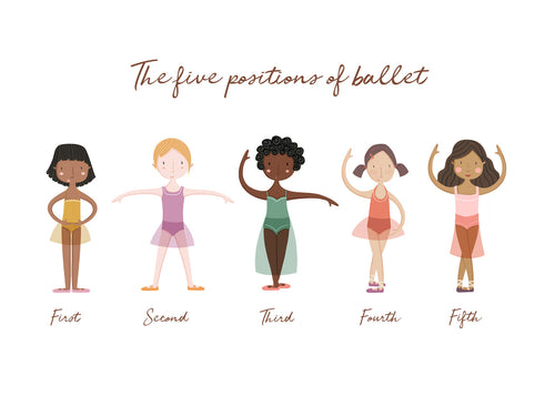Barnposter: fem balettpositioner lekfull illustration