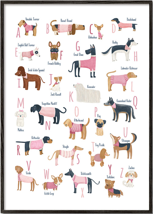 Barnposter: hundalfabet i rosa