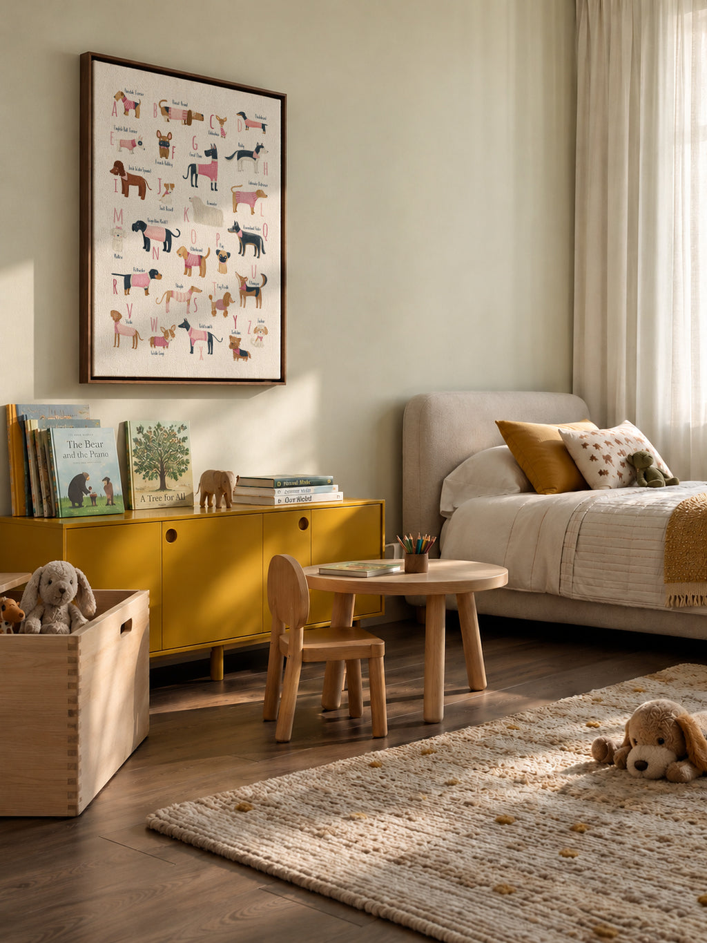 Abecedario con perros (rosa) - Framed canvas in an interior