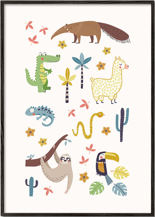 Barnillustration sydamerikanska djur lekfull