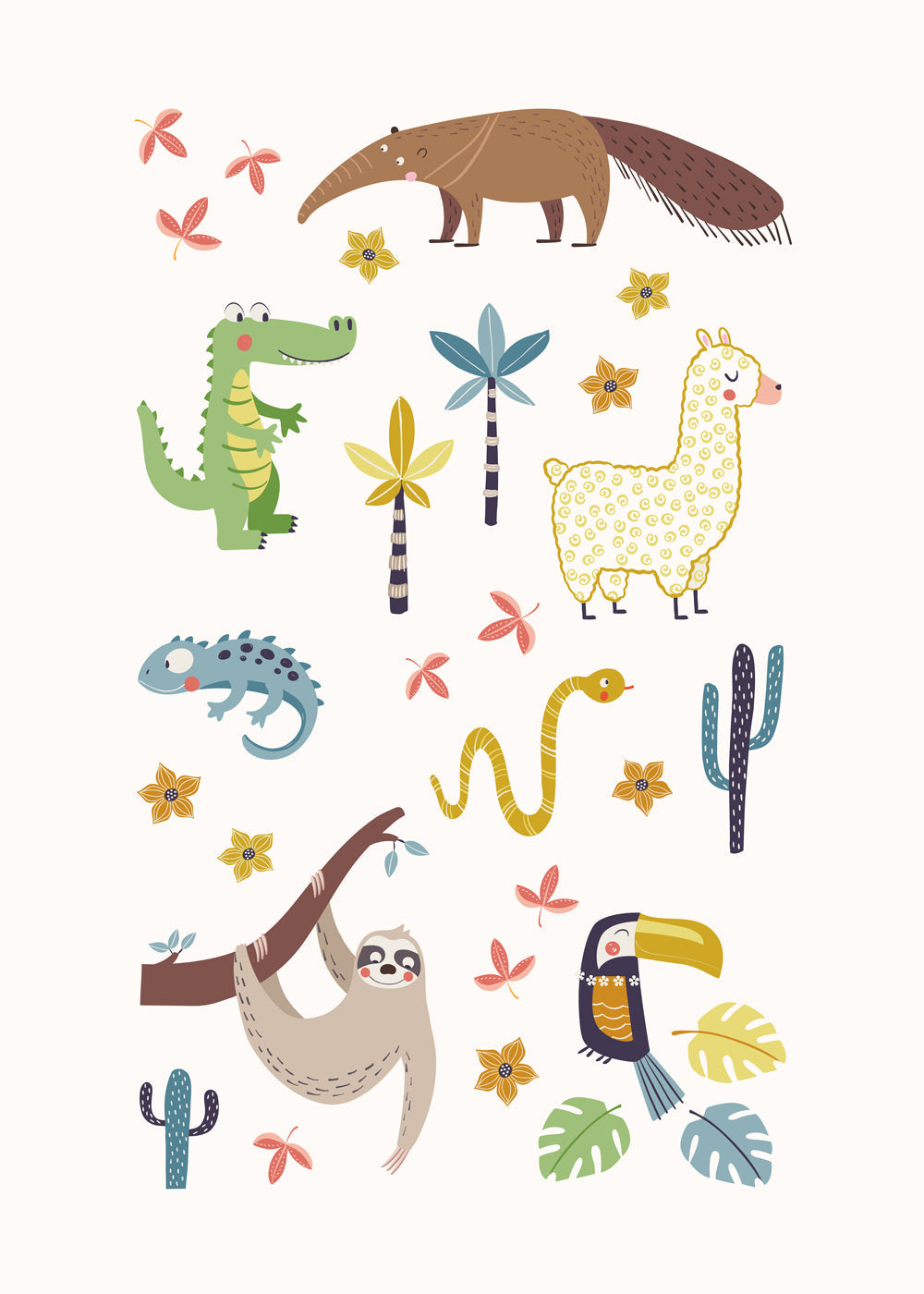 Barnillustration sydamerikanska djur lekfull